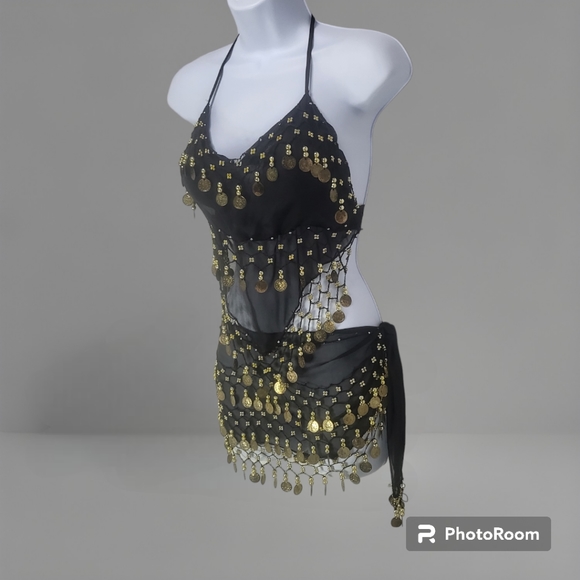 2-Piece Sexy Bellydancing Arabian Costume Set-Black with Gold Coins - Picture 7 of 10
